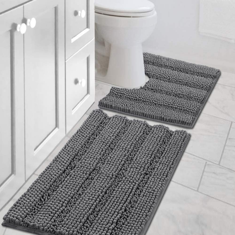 2pcs Sage Bathroom Rugs, Bath Mat Set of 2 Extra Thick Chenille Striped Pattern Shaggy Bath Rugs for Bathroom