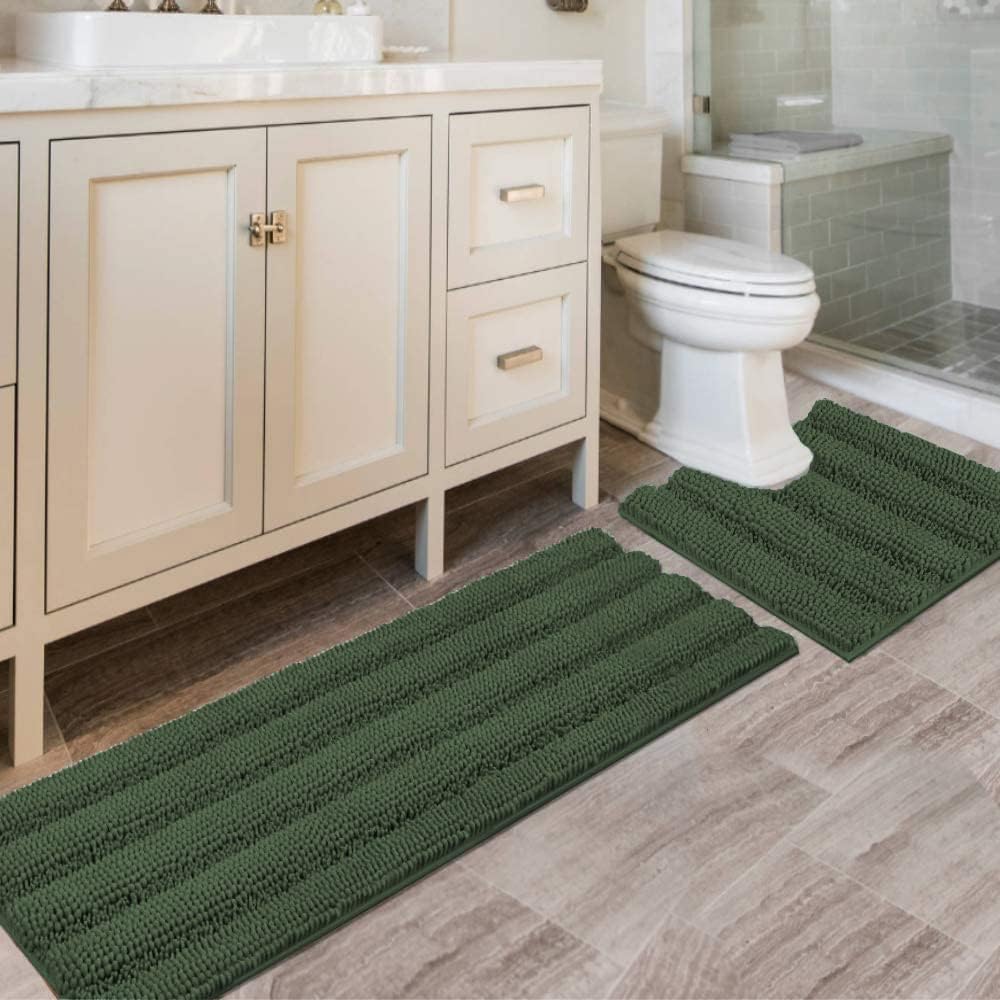 2pcs Sage Bathroom Rugs, Bath Mat Set of 2 Extra Thick Chenille Striped Pattern Shaggy Bath Rugs for Bathroom