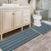 2pcs Sage Bathroom Rugs, Bath Mat Set of 2 Extra Thick Chenille Striped Pattern Shaggy Bath Rugs for Bathroom