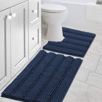 2pcs Sage Bathroom Rugs, Bath Mat Set of 2 Extra Thick Chenille Striped Pattern Shaggy Bath Rugs for Bathroom