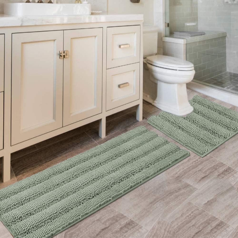 2pcs Sage Bathroom Rugs, Bath Mat Set of 2 Extra Thick Chenille Striped Pattern Shaggy Bath Rugs for Bathroom