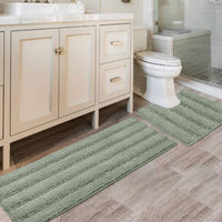 2pcs Sage Bathroom Rugs, Bath Mat Set of 2 Extra Thick Chenille Striped Pattern Shaggy Bath Rugs for Bathroom