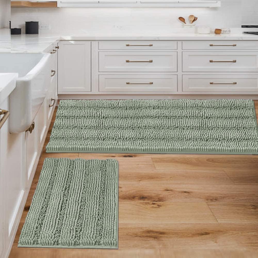 2pcs Sage Bathroom Rugs, Bath Mat Set of 2 Extra Thick Chenille Striped Pattern Shaggy Bath Rugs for Bathroom