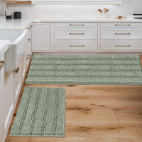 2pcs Sage Bathroom Rugs, Bath Mat Set of 2 Extra Thick Chenille Striped Pattern Shaggy Bath Rugs for Bathroom