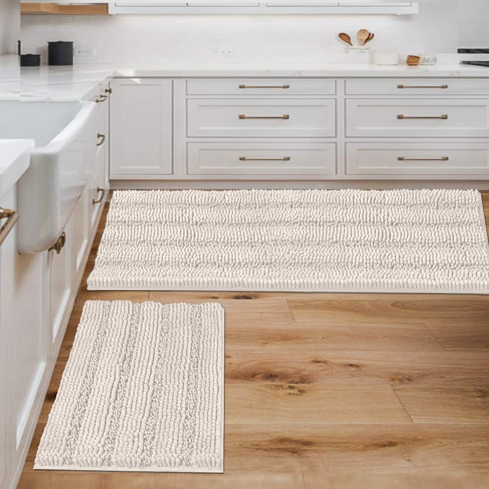 2pcs Sage Bathroom Rugs, Bath Mat Set of 2 Extra Thick Chenille Striped Pattern Shaggy Bath Rugs for Bathroom