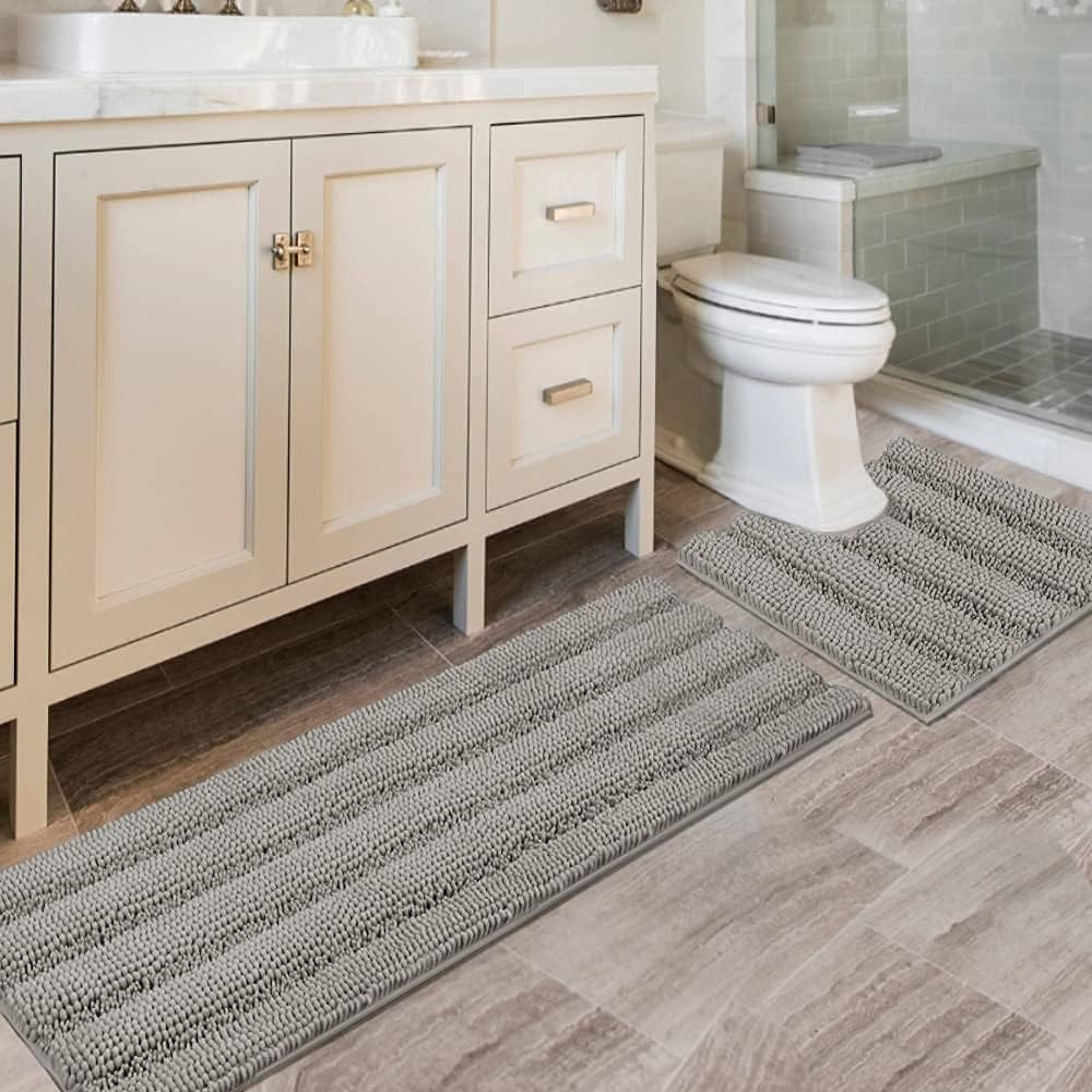 2pcs Sage Bathroom Rugs, Bath Mat Set of 2 Extra Thick Chenille Striped Pattern Shaggy Bath Rugs for Bathroom