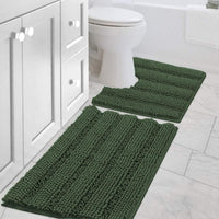 2pcs Sage Bathroom Rugs, Bath Mat Set of 2 Extra Thick Chenille Striped Pattern Shaggy Bath Rugs for Bathroom