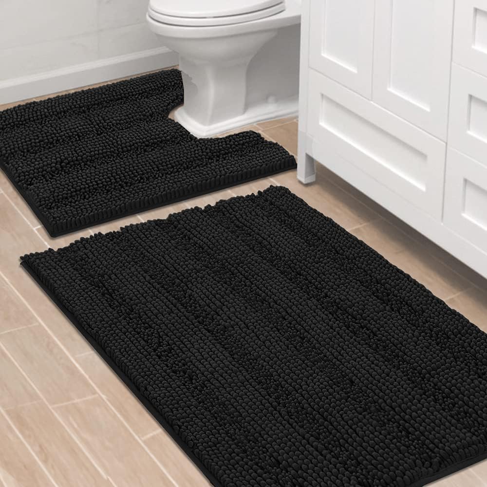 2pcs Sage Bathroom Rugs, Bath Mat Set of 2 Extra Thick Chenille Striped Pattern Shaggy Bath Rugs for Bathroom