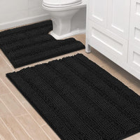 2pcs Sage Bathroom Rugs, Bath Mat Set of 2 Extra Thick Chenille Striped Pattern Shaggy Bath Rugs for Bathroom