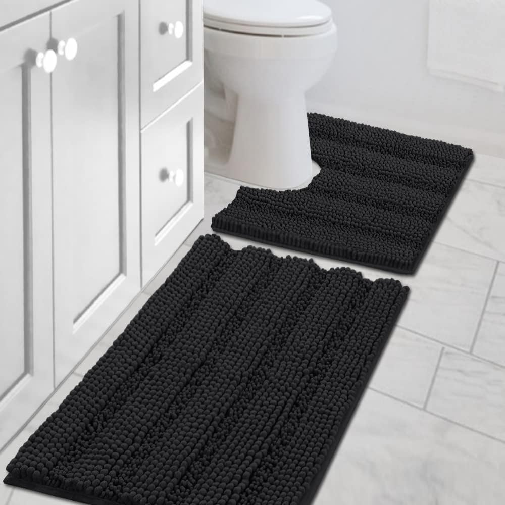 2pcs Sage Bathroom Rugs, Bath Mat Set of 2 Extra Thick Chenille Striped Pattern Shaggy Bath Rugs for Bathroom