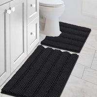 2pcs Sage Bathroom Rugs, Bath Mat Set of 2 Extra Thick Chenille Striped Pattern Shaggy Bath Rugs for Bathroom