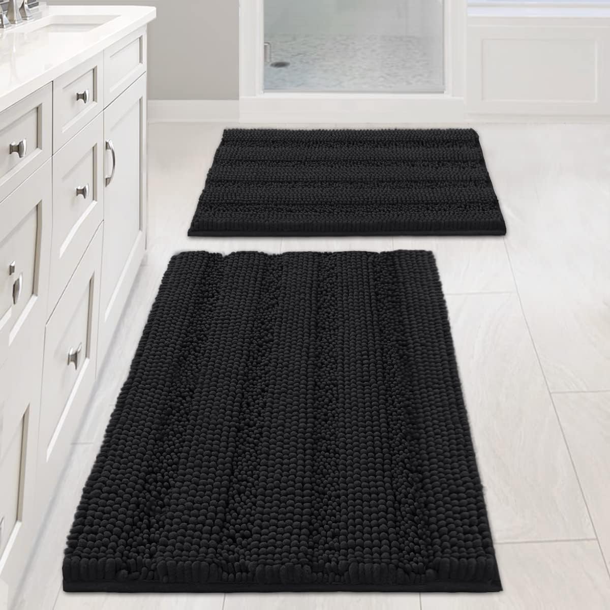 2pcs Sage Bathroom Rugs, Bath Mat Set of 2 Extra Thick Chenille Striped Pattern Shaggy Bath Rugs for Bathroom