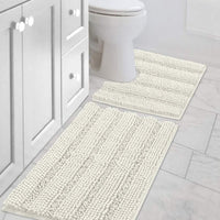 2pcs Sage Bathroom Rugs, Bath Mat Set of 2 Extra Thick Chenille Striped Pattern Shaggy Bath Rugs for Bathroom