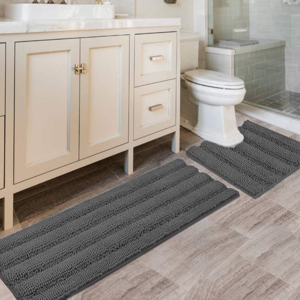 2pcs Sage Bathroom Rugs, Bath Mat Set of 2 Extra Thick Chenille Striped Pattern Shaggy Bath Rugs for Bathroom