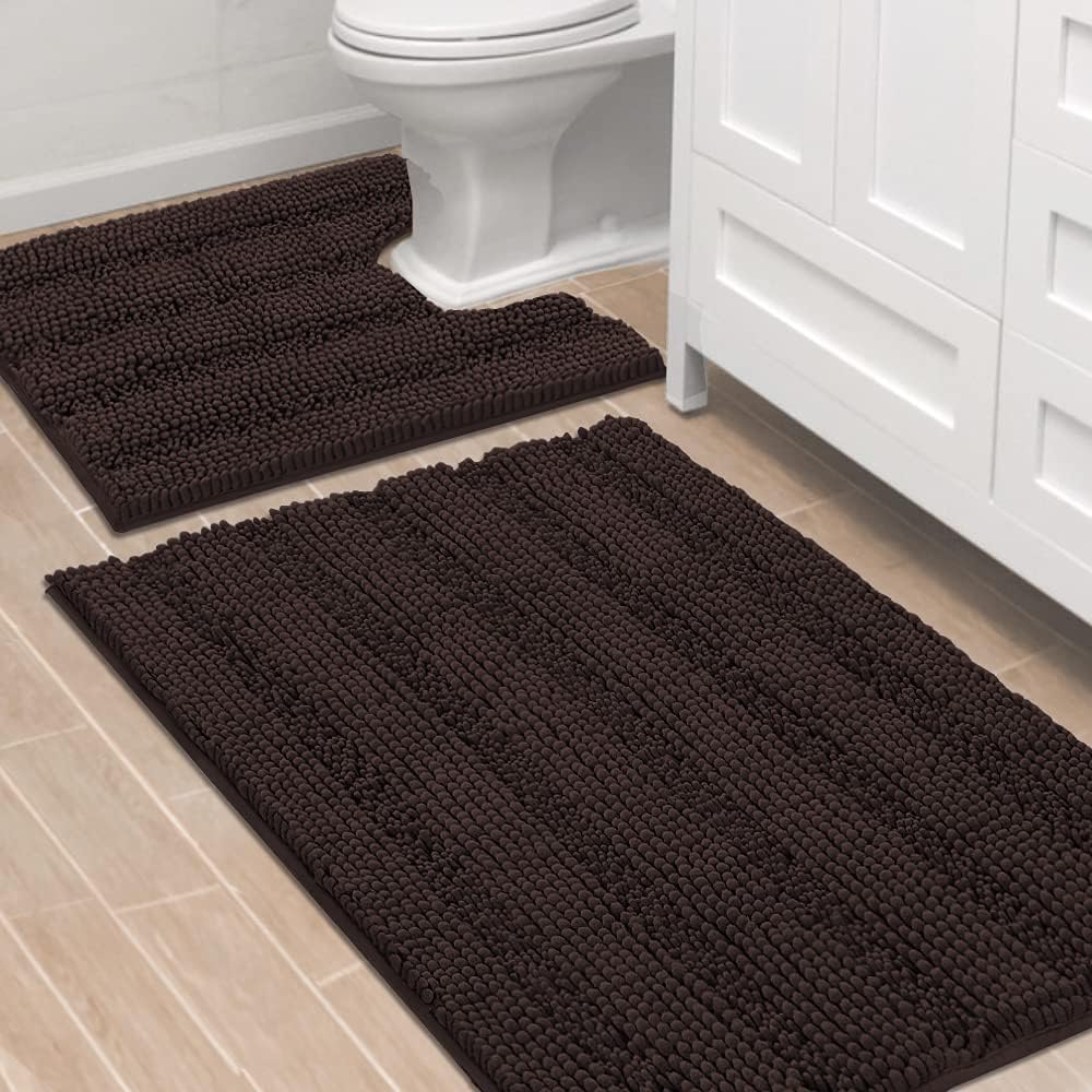 2pcs Sage Bathroom Rugs, Bath Mat Set of 2 Extra Thick Chenille Striped Pattern Shaggy Bath Rugs for Bathroom