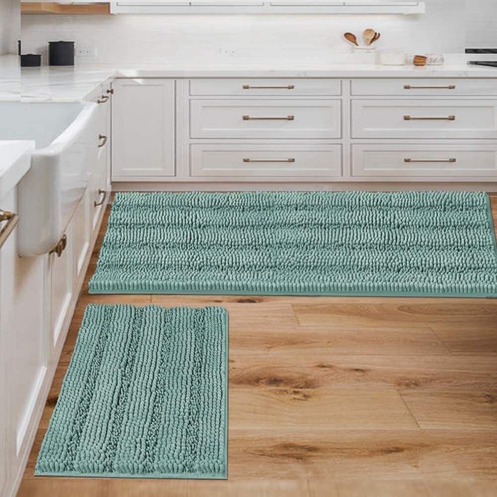 2pcs Sage Bathroom Rugs, Bath Mat Set of 2 Extra Thick Chenille Striped Pattern Shaggy Bath Rugs for Bathroom