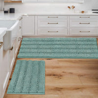2pcs Sage Bathroom Rugs, Bath Mat Set of 2 Extra Thick Chenille Striped Pattern Shaggy Bath Rugs for Bathroom