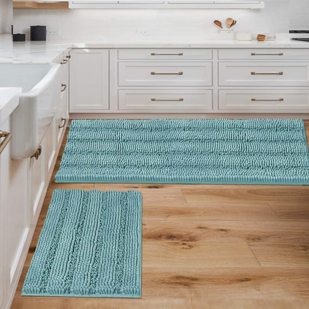 2pcs Sage Bathroom Rugs, Bath Mat Set of 2 Extra Thick Chenille Striped Pattern Shaggy Bath Rugs for Bathroom