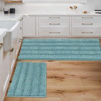 2pcs Sage Bathroom Rugs, Bath Mat Set of 2 Extra Thick Chenille Striped Pattern Shaggy Bath Rugs for Bathroom