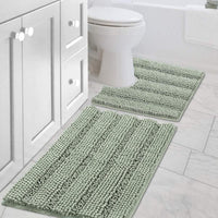 2pcs Sage Bathroom Rugs, Bath Mat Set of 2 Extra Thick Chenille Striped Pattern Shaggy Bath Rugs for Bathroom