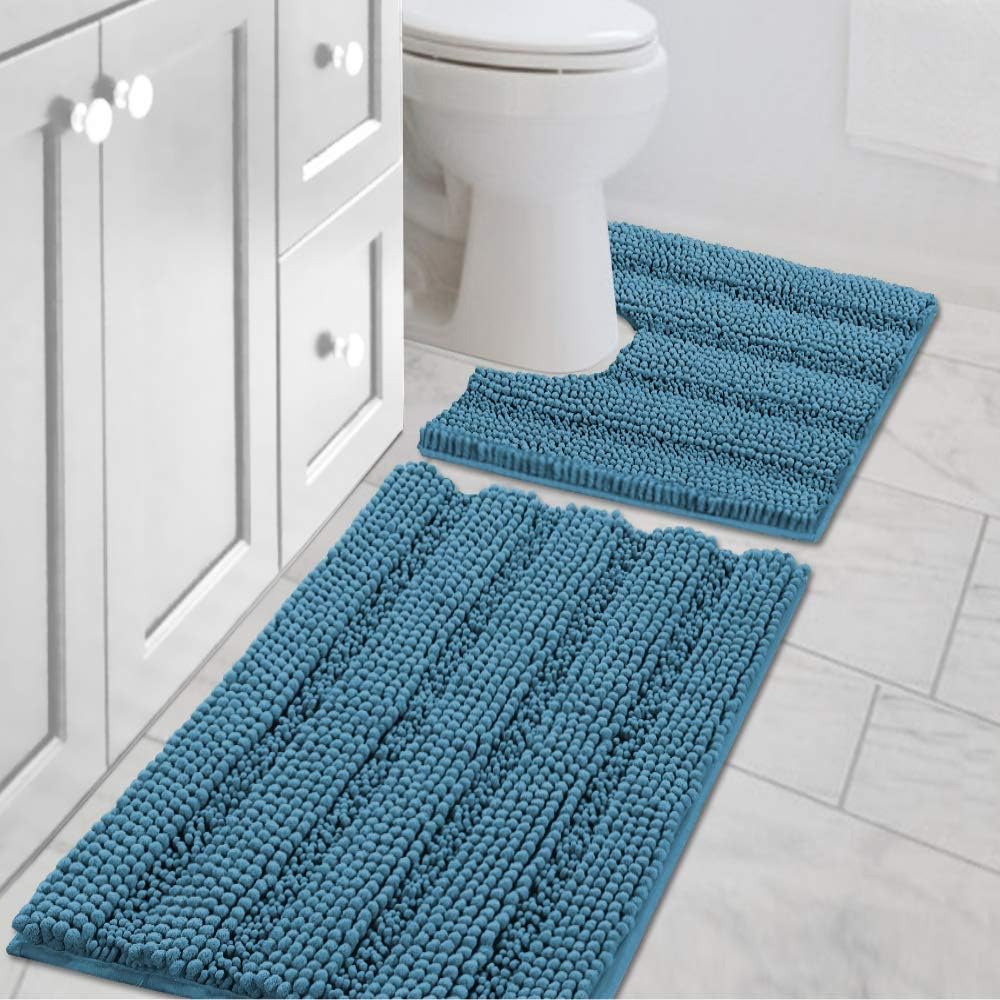 2pcs Sage Bathroom Rugs, Bath Mat Set of 2 Extra Thick Chenille Striped Pattern Shaggy Bath Rugs for Bathroom