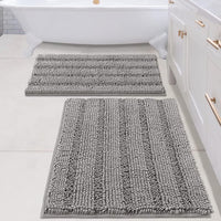 2pcs Sage Bathroom Rugs, Bath Mat Set of 2 Extra Thick Chenille Striped Pattern Shaggy Bath Rugs for Bathroom
