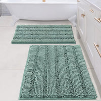 2pcs Sage Bathroom Rugs, Bath Mat Set of 2 Extra Thick Chenille Striped Pattern Shaggy Bath Rugs for Bathroom