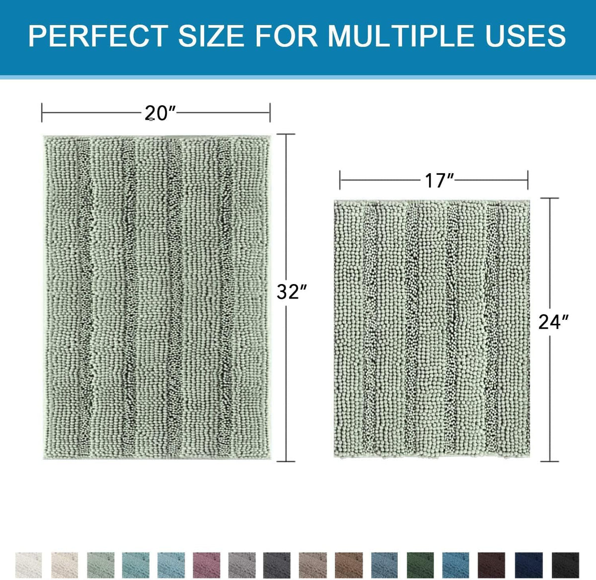 2pcs Sage Bathroom Rugs, Bath Mat Set of 2 Extra Thick Chenille Striped Pattern Shaggy Bath Rugs for Bathroom