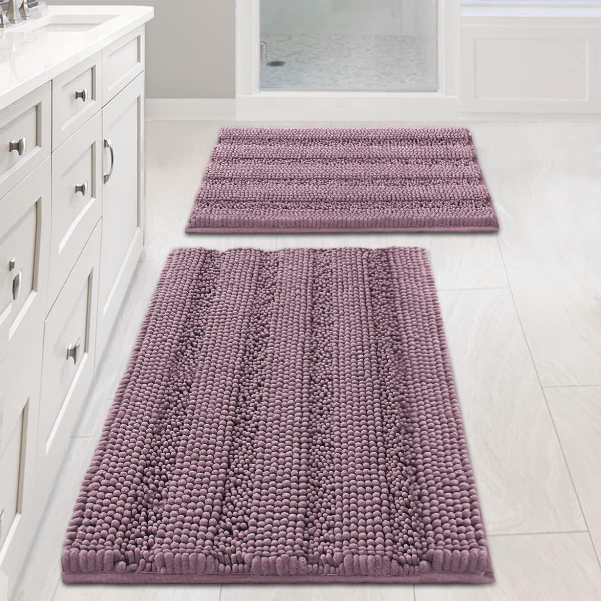 2pcs Sage Bathroom Rugs, Bath Mat Set of 2 Extra Thick Chenille Striped Pattern Shaggy Bath Rugs for Bathroom