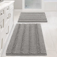 2pcs Sage Bathroom Rugs, Bath Mat Set of 2 Extra Thick Chenille Striped Pattern Shaggy Bath Rugs for Bathroom