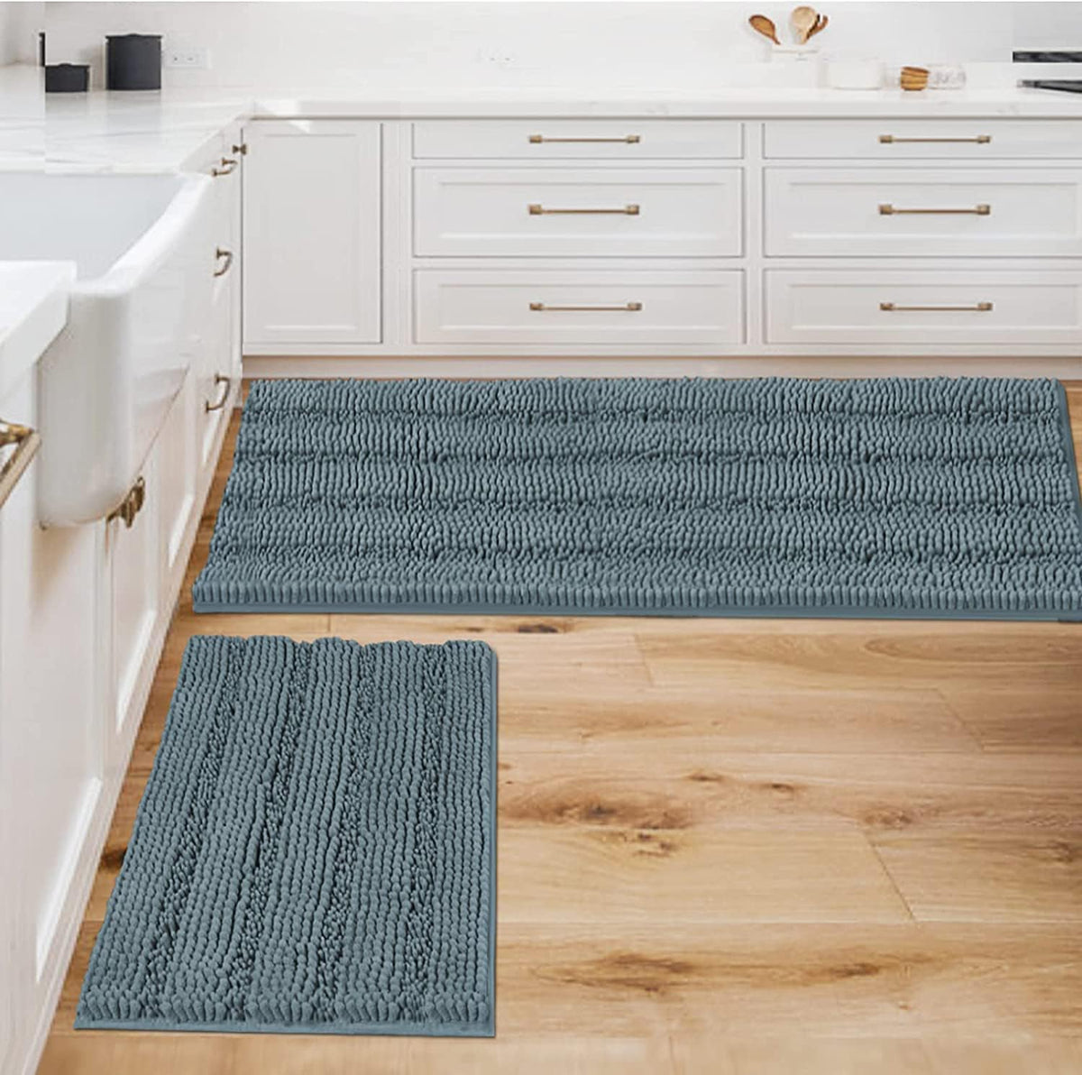 2pcs Sage Bathroom Rugs, Bath Mat Set of 2 Extra Thick Chenille Striped Pattern Shaggy Bath Rugs for Bathroom