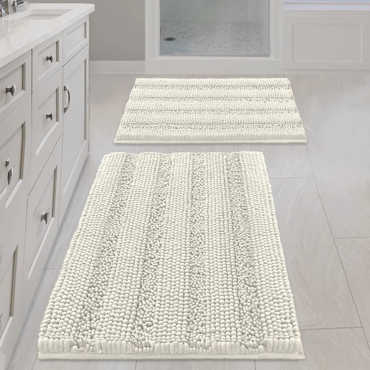2pcs Sage Bathroom Rugs, Bath Mat Set of 2 Extra Thick Chenille Striped Pattern Shaggy Bath Rugs for Bathroom