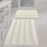 2pcs Sage Bathroom Rugs, Bath Mat Set of 2 Extra Thick Chenille Striped Pattern Shaggy Bath Rugs for Bathroom