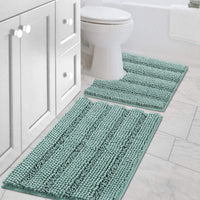2pcs Sage Bathroom Rugs, Bath Mat Set of 2 Extra Thick Chenille Striped Pattern Shaggy Bath Rugs for Bathroom