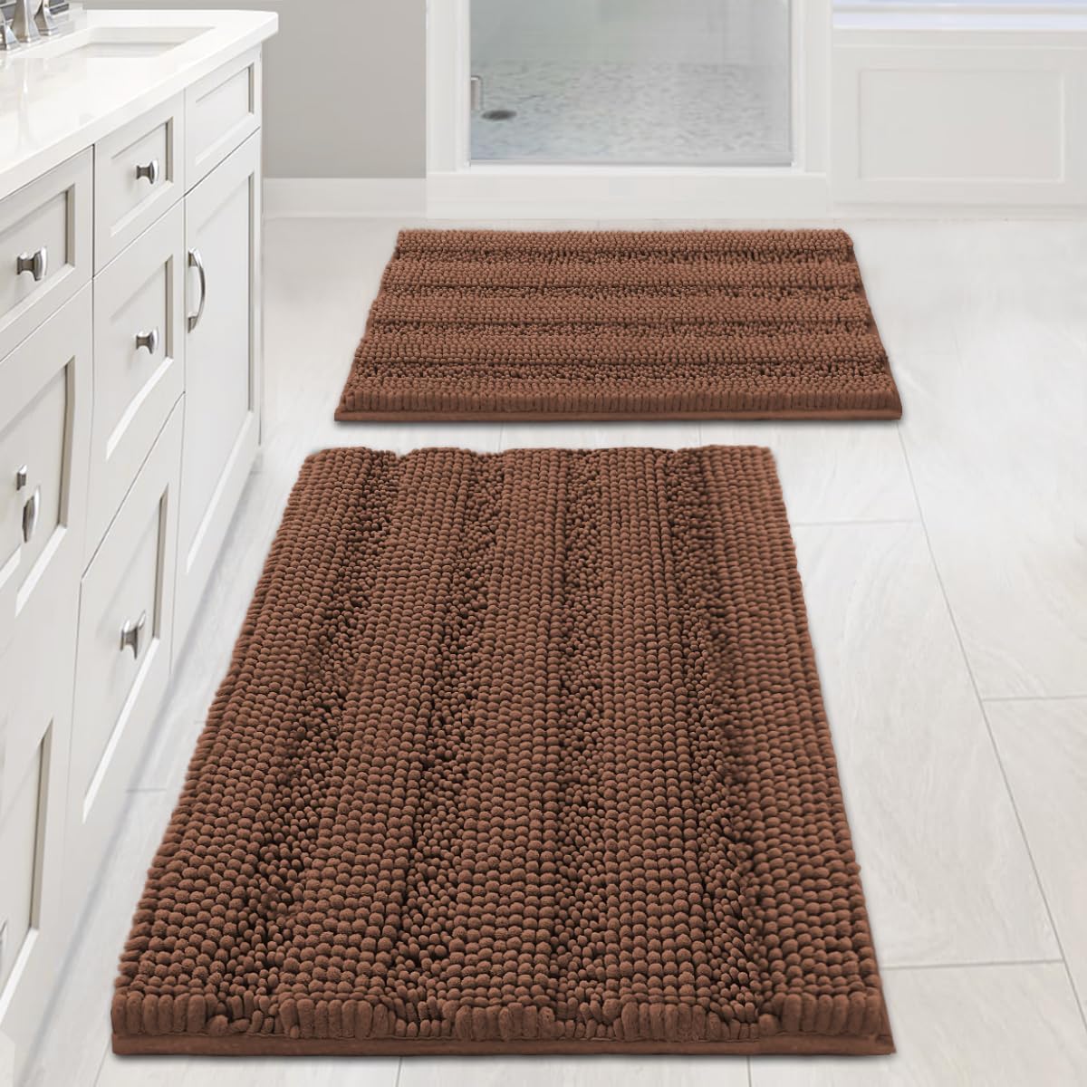 2pcs Sage Bathroom Rugs, Bath Mat Set of 2 Extra Thick Chenille Striped Pattern Shaggy Bath Rugs for Bathroom