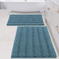 2pcs Sage Bathroom Rugs, Bath Mat Set of 2 Extra Thick Chenille Striped Pattern Shaggy Bath Rugs for Bathroom