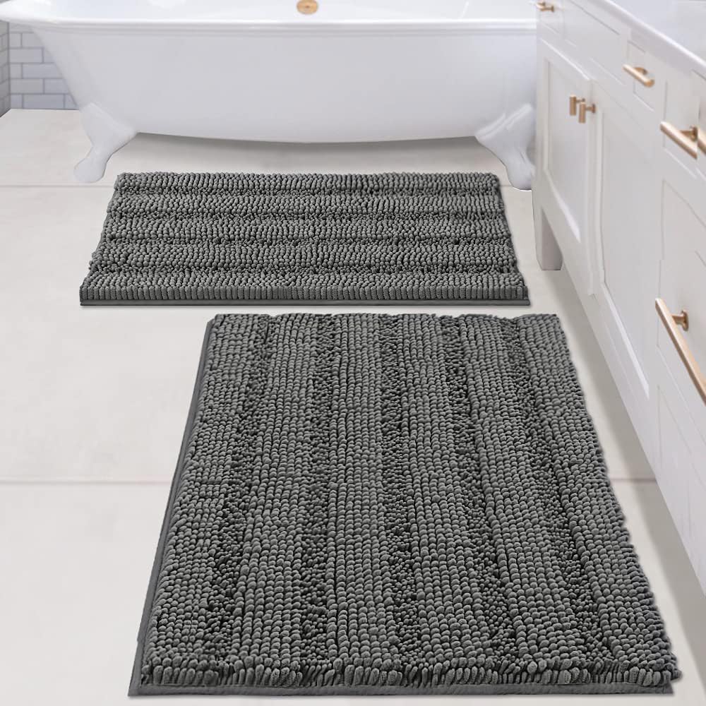 2pcs Sage Bathroom Rugs, Bath Mat Set of 2 Extra Thick Chenille Striped Pattern Shaggy Bath Rugs for Bathroom