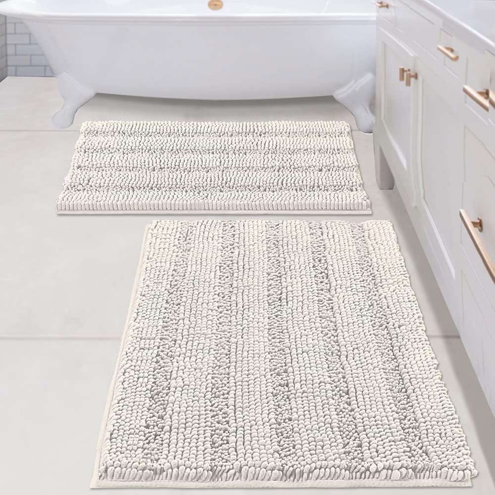 2pcs Sage Bathroom Rugs, Bath Mat Set of 2 Extra Thick Chenille Striped Pattern Shaggy Bath Rugs for Bathroom