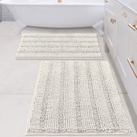 2pcs Sage Bathroom Rugs, Bath Mat Set of 2 Extra Thick Chenille Striped Pattern Shaggy Bath Rugs for Bathroom