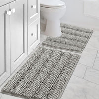 2pcs Sage Bathroom Rugs, Bath Mat Set of 2 Extra Thick Chenille Striped Pattern Shaggy Bath Rugs for Bathroom