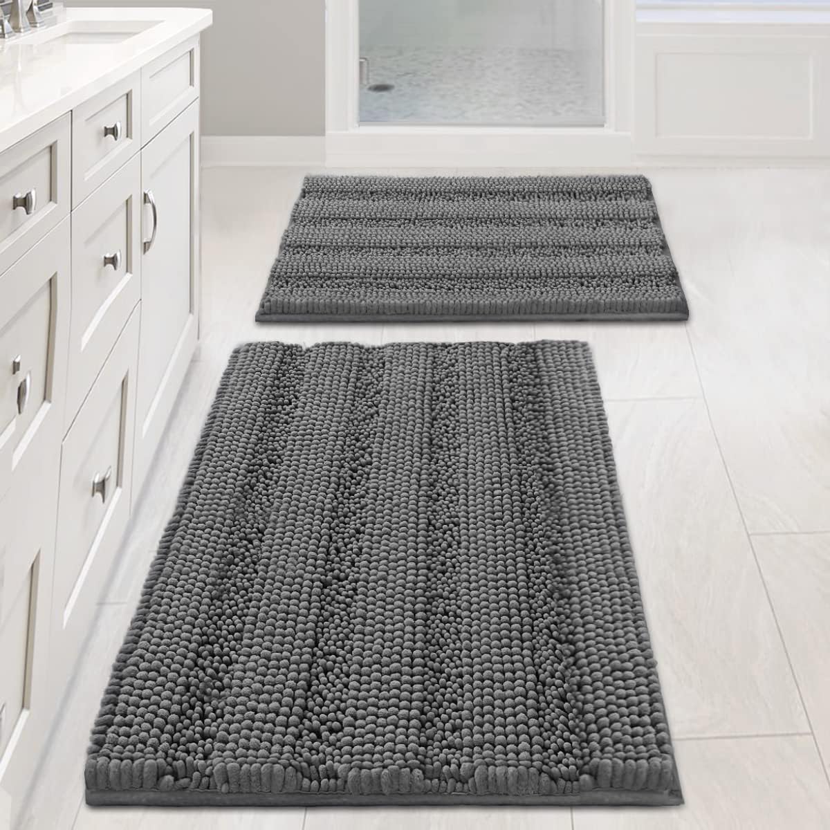 2pcs Sage Bathroom Rugs, Bath Mat Set of 2 Extra Thick Chenille Striped Pattern Shaggy Bath Rugs for Bathroom