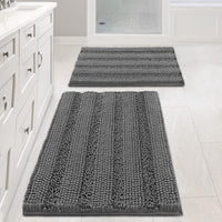 2pcs Sage Bathroom Rugs, Bath Mat Set of 2 Extra Thick Chenille Striped Pattern Shaggy Bath Rugs for Bathroom