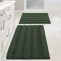 2pcs Sage Bathroom Rugs, Bath Mat Set of 2 Extra Thick Chenille Striped Pattern Shaggy Bath Rugs for Bathroom