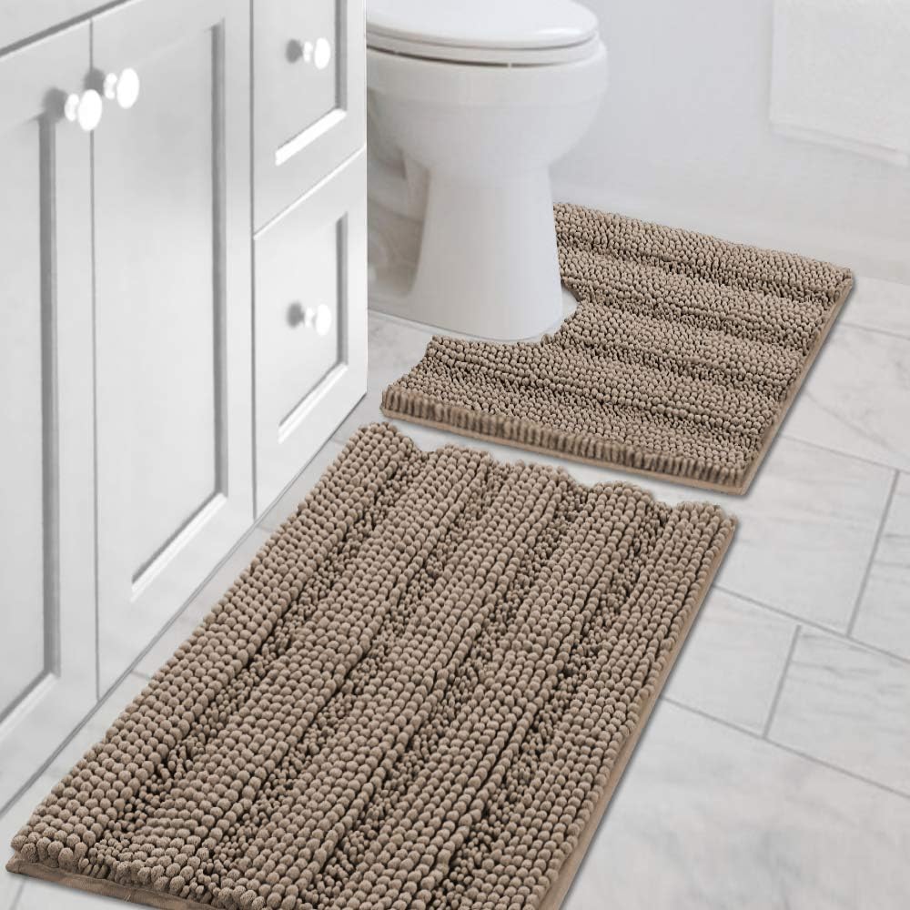 2pcs Sage Bathroom Rugs, Bath Mat Set of 2 Extra Thick Chenille Striped Pattern Shaggy Bath Rugs for Bathroom