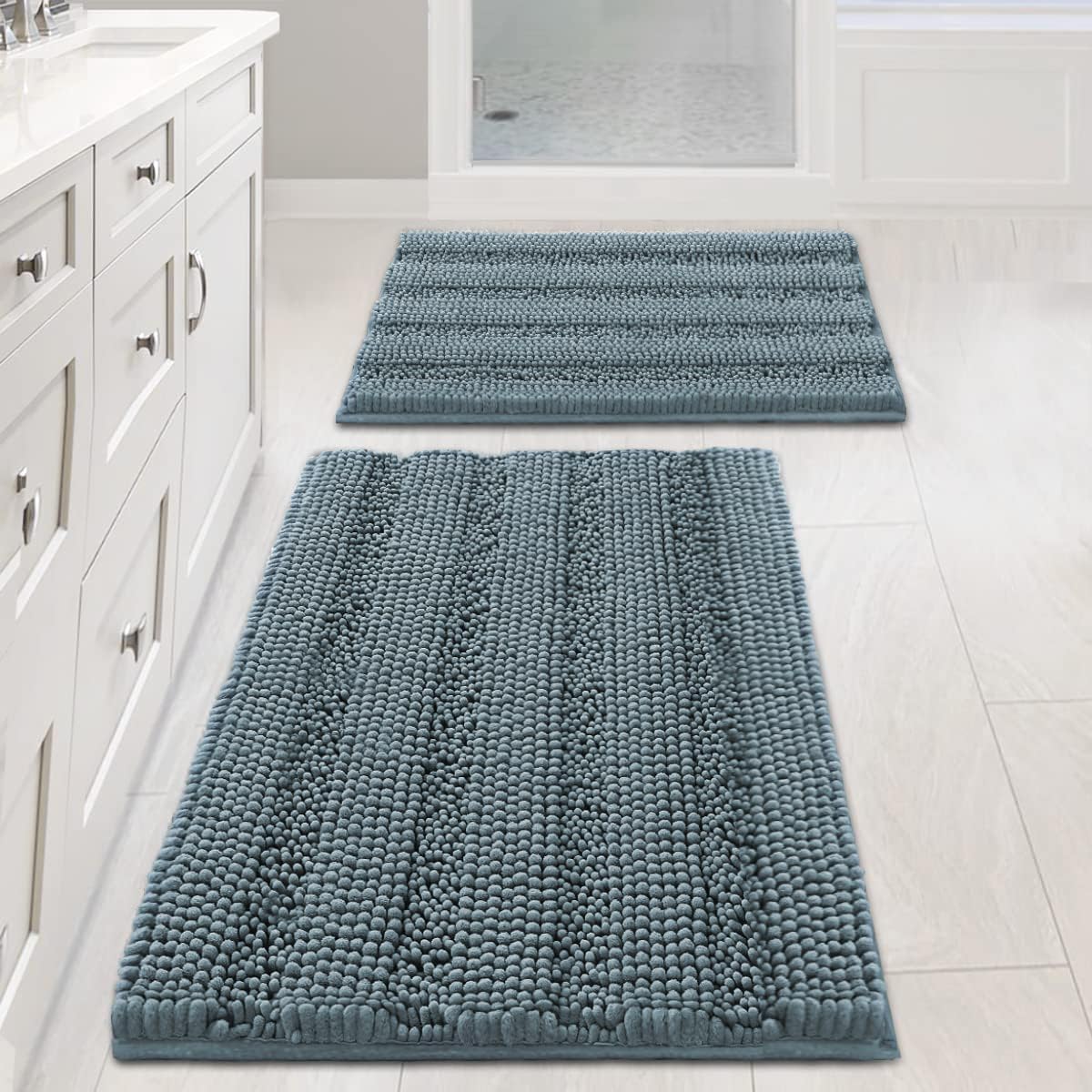 2pcs Sage Bathroom Rugs, Bath Mat Set of 2 Extra Thick Chenille Striped Pattern Shaggy Bath Rugs for Bathroom