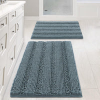 2pcs Sage Bathroom Rugs, Bath Mat Set of 2 Extra Thick Chenille Striped Pattern Shaggy Bath Rugs for Bathroom