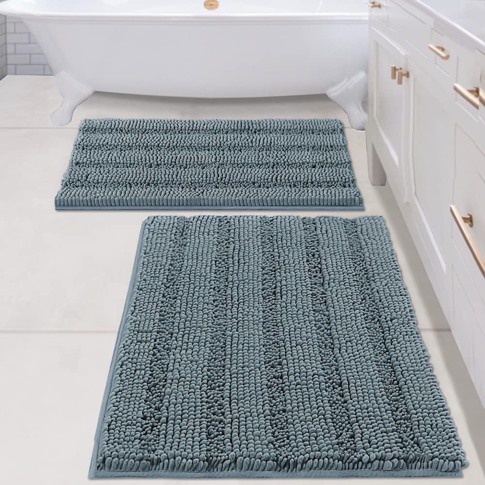 2pcs Sage Bathroom Rugs, Bath Mat Set of 2 Extra Thick Chenille Striped Pattern Shaggy Bath Rugs for Bathroom