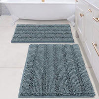 2pcs Sage Bathroom Rugs, Bath Mat Set of 2 Extra Thick Chenille Striped Pattern Shaggy Bath Rugs for Bathroom