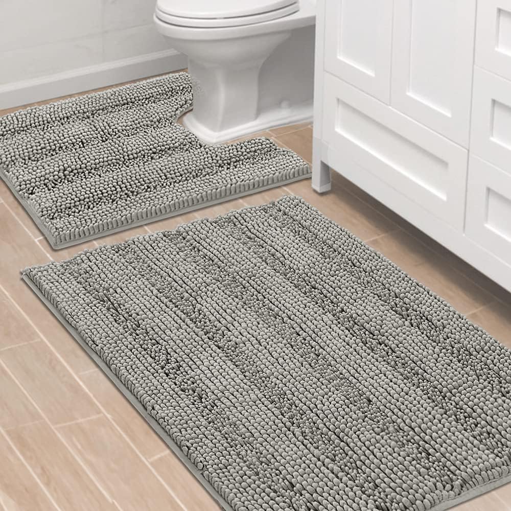 2pcs Sage Bathroom Rugs, Bath Mat Set of 2 Extra Thick Chenille Striped Pattern Shaggy Bath Rugs for Bathroom