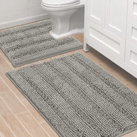 2pcs Sage Bathroom Rugs, Bath Mat Set of 2 Extra Thick Chenille Striped Pattern Shaggy Bath Rugs for Bathroom